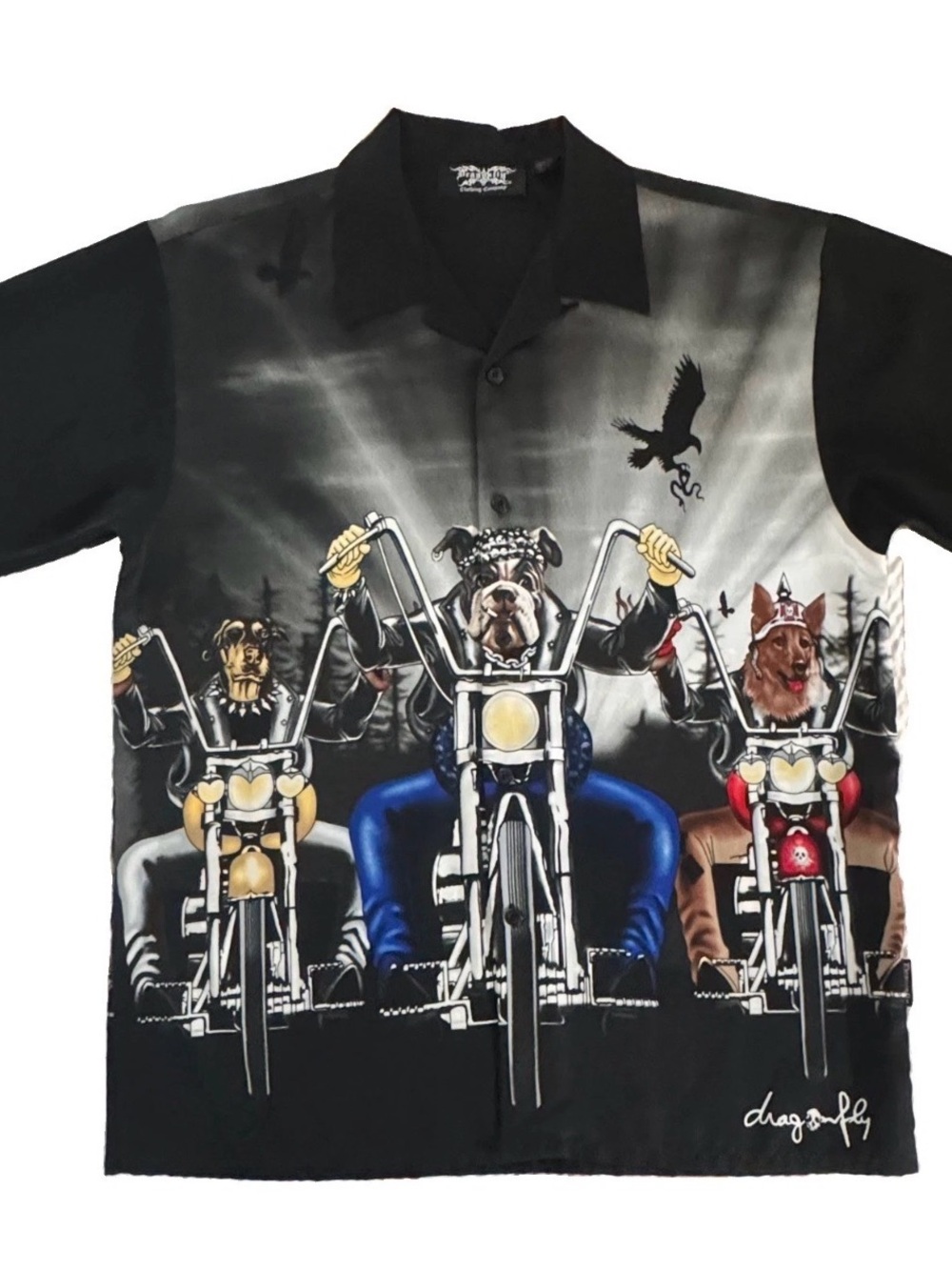 Dragonfly Black Biker Dogs Graphic Short-Sleeve Button-Down Shirt #1228